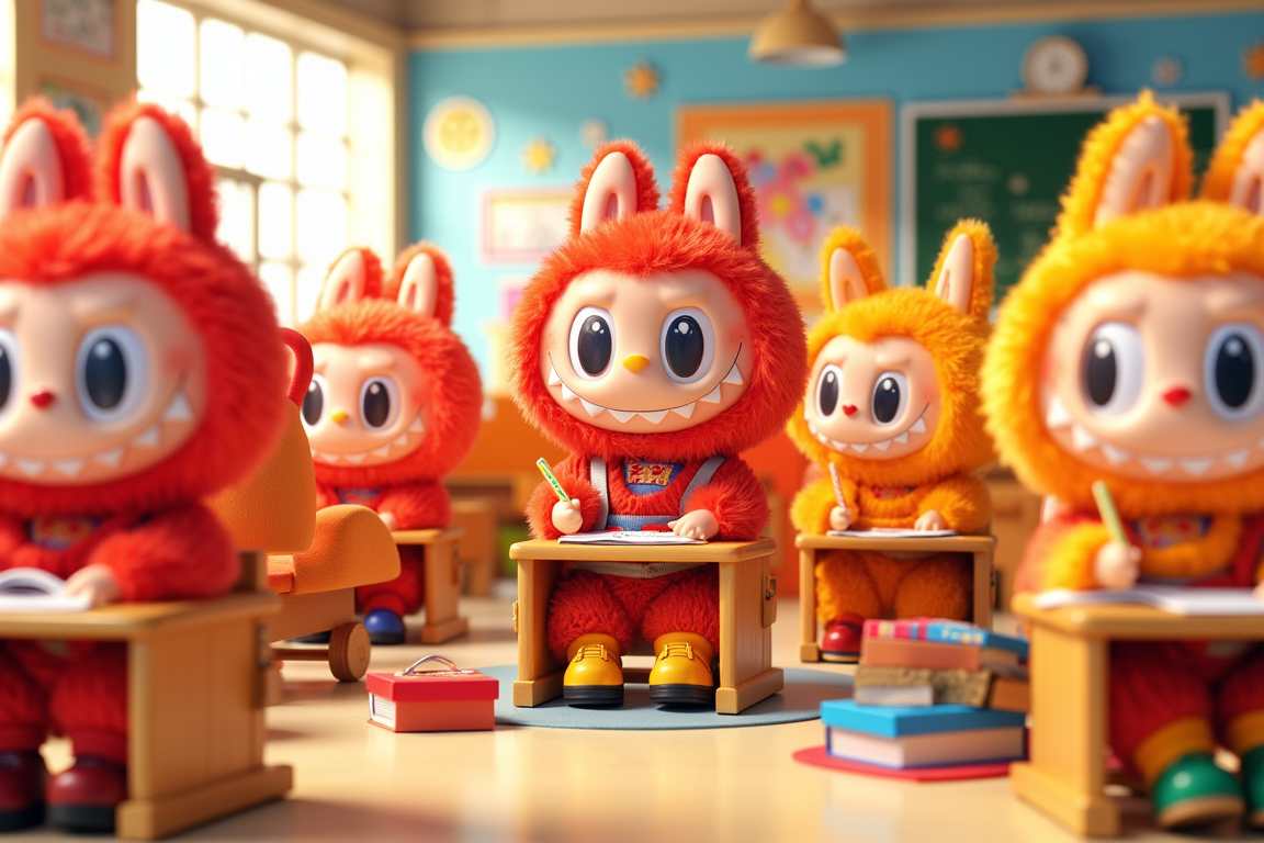 Labubu duduk di bangku sekolah dengan wajah ceria, memegang pensil dan melihat ke arah papan tulis, siap belajar bersama teman-teman.